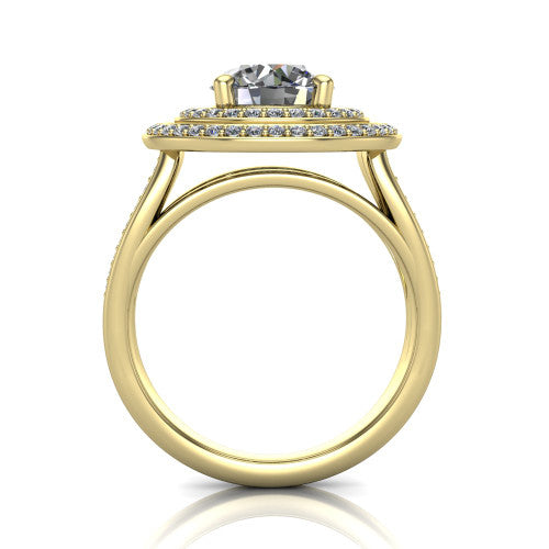 Stephanie round double halo engagement ring in 18K Yellow Gold, through-finger front profile showing the double-halo head raised above the open under-gallery