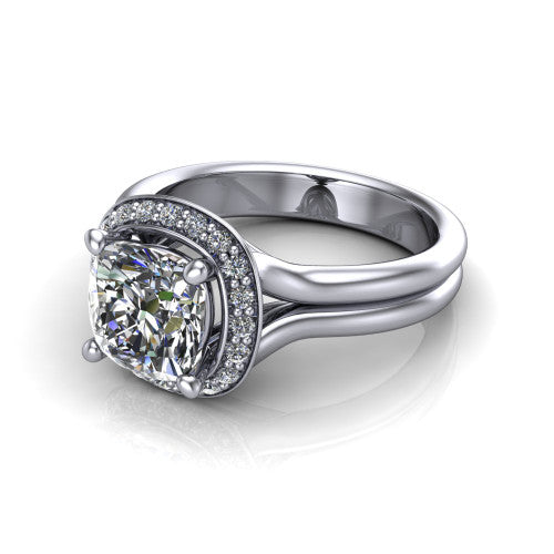 Selah cushion halo engagement ring in 14K White Gold, three-quarter perspective showing the cushion center in a cushion-shaped pav&eacute; halo above a split shank