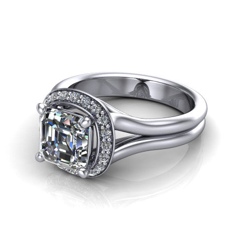 Selah square emerald halo engagement ring in 18K White Gold, three-quarter perspective showing the square emerald center in a cushion-shaped pav&eacute; halo above a split shank