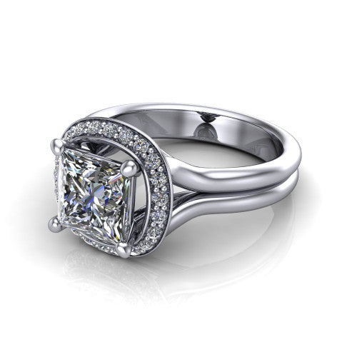 Selah princess halo engagement ring in 14K White Gold, three-quarter perspective showing the princess center in a cushion-shaped pav&eacute; halo above a split shank