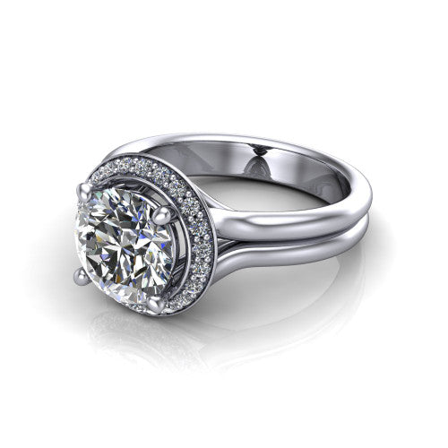 Selah round halo engagement ring in 14K White Gold, three-quarter perspective showing the round center in a cushion-shaped pav&eacute; halo above a split shank