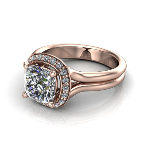 Selah cushion halo engagement ring in 14K Rose Gold, three-quarter perspective showing the cushion center in a cushion-shaped pav&eacute; halo above a split shank