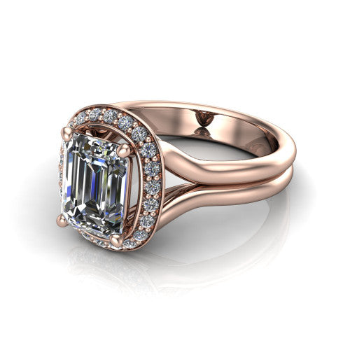 Selah emerald halo engagement ring in 14K Rose Gold, three-quarter perspective showing the emerald center in a cushion-shaped pav&eacute; halo above a split shank