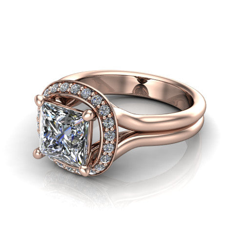 Selah princess halo engagement ring in 14K Rose Gold, three-quarter perspective showing the princess center in a cushion-shaped pav&eacute; halo above a split shank