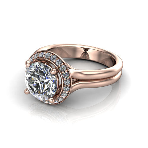 Selah round halo engagement ring in 18K Rose Gold, three-quarter perspective showing the round center in a cushion-shaped pav&eacute; halo above a split shank