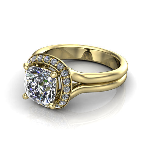 Selah cushion halo engagement ring in 18K Yellow Gold, three-quarter perspective showing the cushion center in a cushion-shaped pav&eacute; halo above a split shank