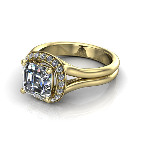Selah square emerald halo engagement ring in 18K Yellow Gold, three-quarter perspective showing the square emerald center in a cushion-shaped pav&eacute; halo above a split shank