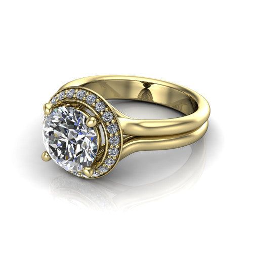 Selah round halo engagement ring in 18K Yellow Gold, three-quarter perspective showing the round center in a cushion-shaped pav&eacute; halo above a split shank