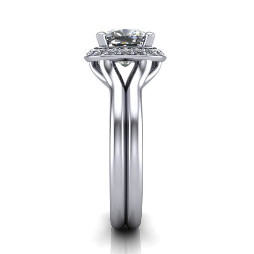Selah cushion halo engagement ring in 18K White Gold, side profile showing the plain polished split shank rising to the halo and the open under-gallery