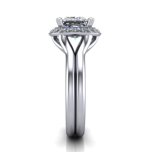Selah princess halo engagement ring in Platinum, side profile showing the plain polished split shank rising to the halo and the open under-gallery