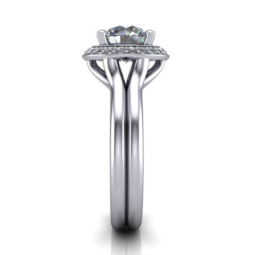 Selah round halo engagement ring in Platinum, side profile showing the plain polished split shank rising to the halo and the open under-gallery
