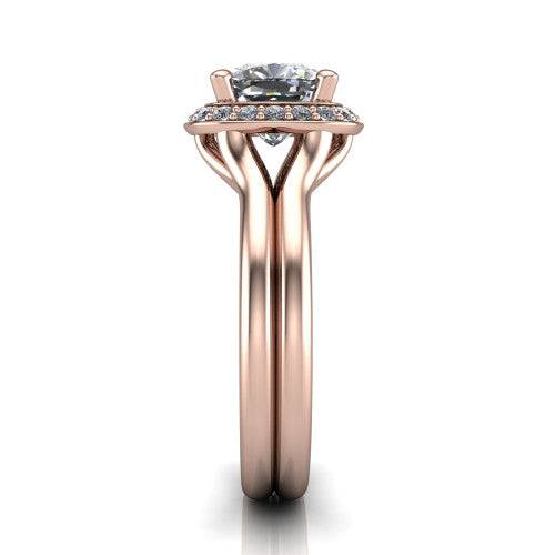 Selah cushion halo engagement ring in 18K Rose Gold, side profile showing the plain polished split shank rising to the halo and the open under-gallery