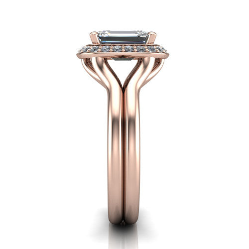 Selah emerald halo engagement ring in 14K Rose Gold, side profile showing the plain polished split shank rising to the halo and the open under-gallery