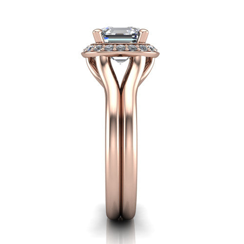 Selah square emerald halo engagement ring in 14K Rose Gold, side profile showing the plain polished split shank rising to the halo and the open under-gallery