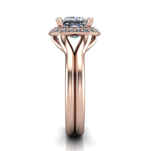 Selah princess halo engagement ring in 18K Rose Gold, side profile showing the plain polished split shank rising to the halo and the open under-gallery