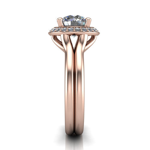 Selah round halo engagement ring in 14K Rose Gold, side profile showing the plain polished split shank rising to the halo and the open under-gallery