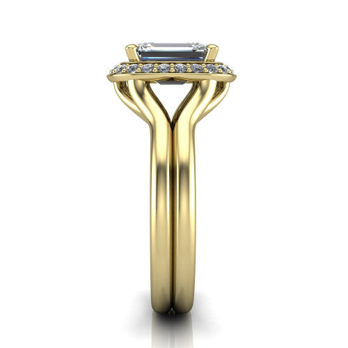 Selah emerald halo engagement ring in 18K Yellow Gold, side profile showing the plain polished split shank rising to the halo and the open under-gallery