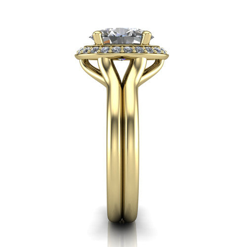 Selah oval halo engagement ring in 18K Yellow Gold, side profile showing the plain polished split shank rising to the halo and the open under-gallery