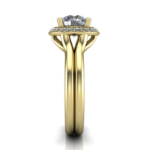 Selah round halo engagement ring in 18K Yellow Gold, side profile showing the plain polished split shank rising to the halo and the open under-gallery