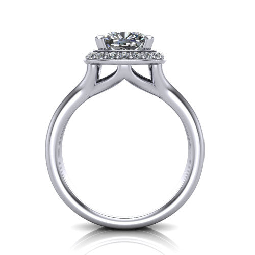Selah cushion halo engagement ring in 14K White Gold, through-finger front profile showing the double-claw prongs and halo head above the open split band
