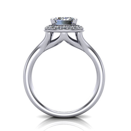 Selah emerald halo engagement ring in 18K White Gold, through-finger front profile showing the double-claw prongs and halo head above the open split band