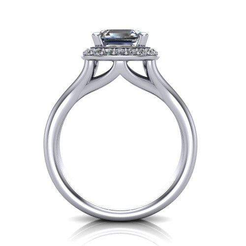 Selah square emerald halo engagement ring in 14K White Gold, through-finger front profile showing the double-claw prongs and halo head above the open split band