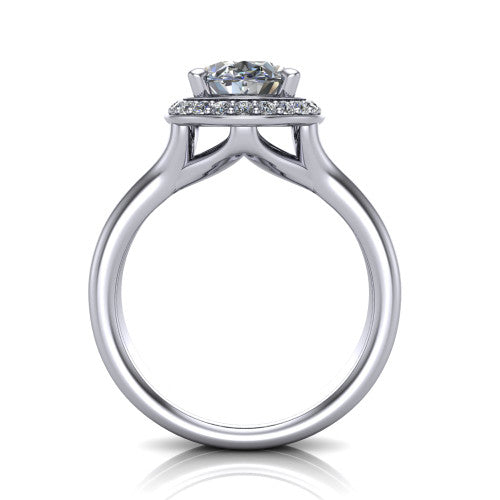 Selah oval halo engagement ring in 18K White Gold, through-finger front profile showing the double-claw prongs and halo head above the open split band
