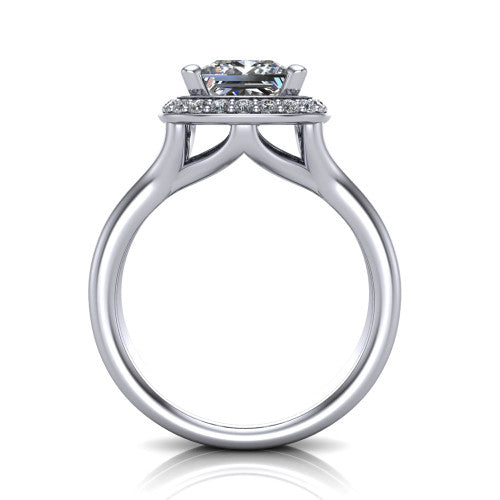 Selah princess halo engagement ring in Platinum, through-finger front profile showing the double-claw prongs and halo head above the open split band