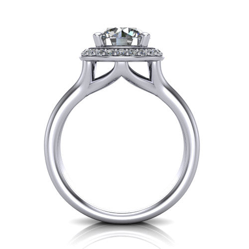 Selah round halo engagement ring in 14K White Gold, through-finger front profile showing the double-claw prongs and halo head above the open split band