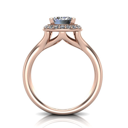 Selah emerald halo engagement ring in 14K Rose Gold, through-finger front profile showing the double-claw prongs and halo head above the open split band