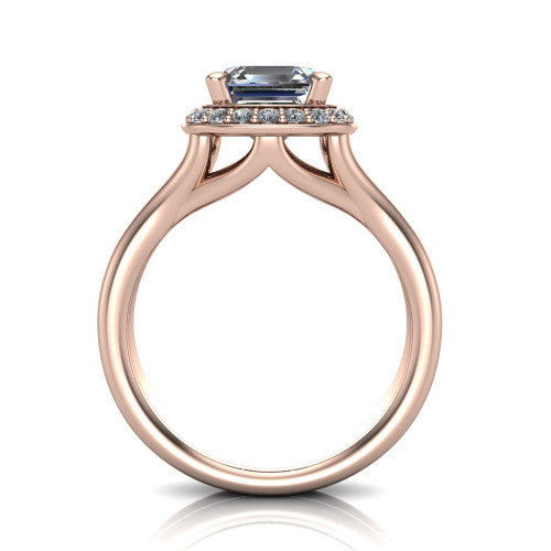 Selah square emerald halo engagement ring in 18K Rose Gold, through-finger front profile showing the double-claw prongs and halo head above the open split band