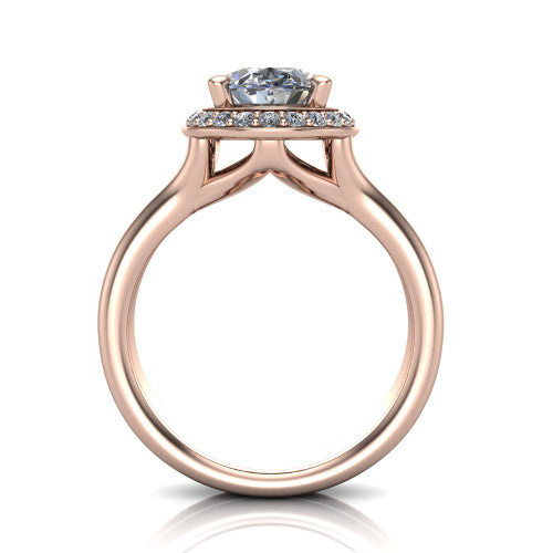 Selah oval halo engagement ring in 18K Rose Gold, through-finger front profile showing the double-claw prongs and halo head above the open split band