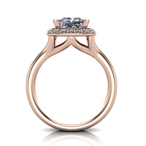 Selah princess halo engagement ring in 18K Rose Gold, through-finger front profile showing the double-claw prongs and halo head above the open split band