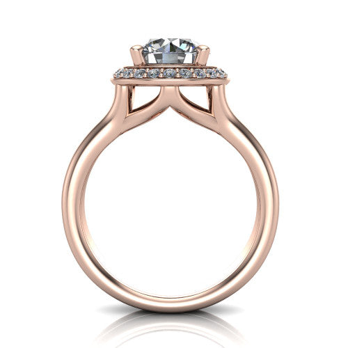 Selah round halo engagement ring in 18K Rose Gold, through-finger front profile showing the double-claw prongs and halo head above the open split band