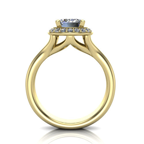 Selah emerald halo engagement ring in 18K Yellow Gold, through-finger front profile showing the double-claw prongs and halo head above the open split band