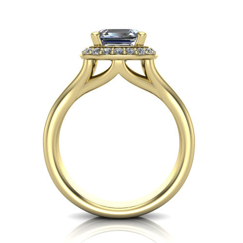 Selah square emerald halo engagement ring in 18K Yellow Gold, through-finger front profile showing the double-claw prongs and halo head above the open split band