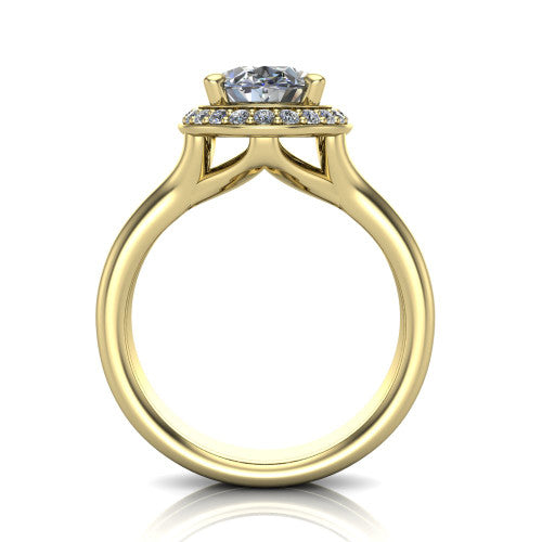Selah oval halo engagement ring in 14K Yellow Gold, through-finger front profile showing the double-claw prongs and halo head above the open split band