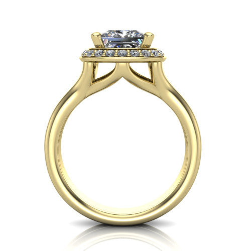 Selah princess halo engagement ring in 14K Yellow Gold, through-finger front profile showing the double-claw prongs and halo head above the open split band