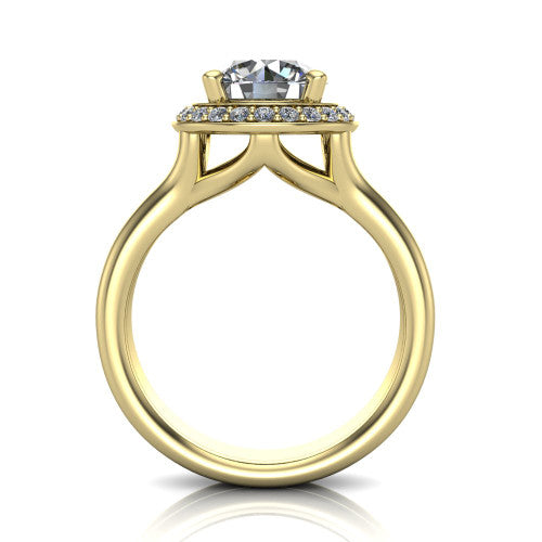 Selah round halo engagement ring in 18K Yellow Gold, through-finger front profile showing the double-claw prongs and halo head above the open split band