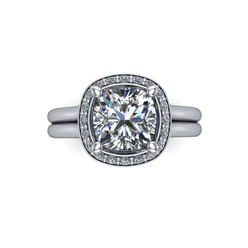 Selah cushion halo engagement ring in 14K White Gold, top-down view showing the cushion pav&eacute; halo framing the cushion center from above