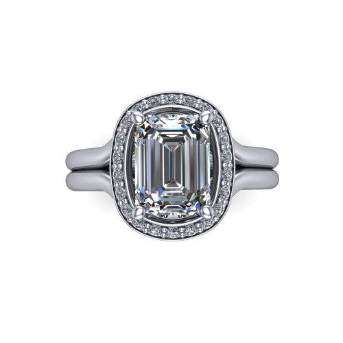 Selah emerald halo engagement ring in 18K White Gold, top-down view showing the cushion pav&eacute; halo framing the emerald center from above