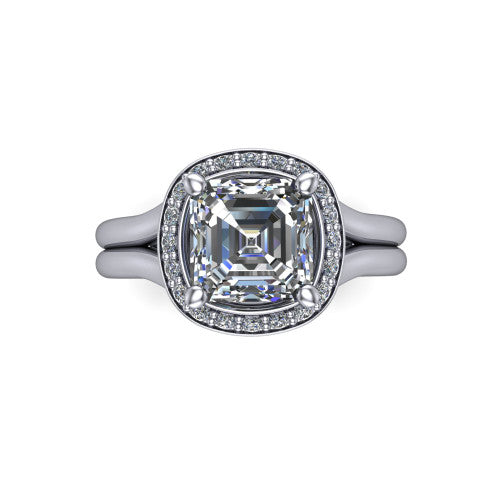 Selah square emerald halo engagement ring in Platinum, top-down view showing the cushion pav&eacute; halo framing the square emerald center from above