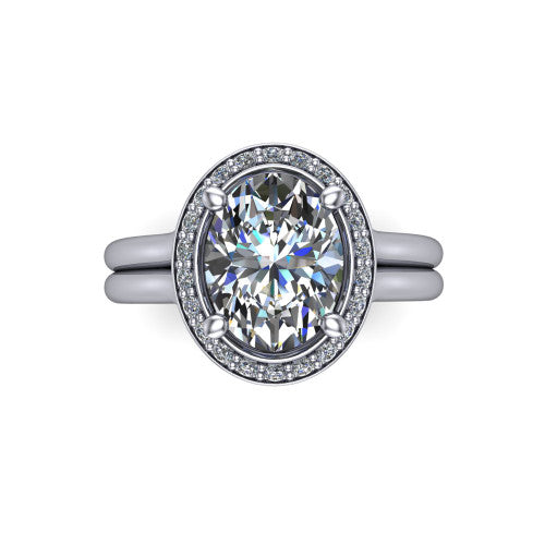 Selah oval halo engagement ring in 14K White Gold, top-down view showing the cushion pav&eacute; halo framing the oval center from above