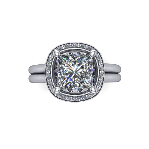Selah princess halo engagement ring in 14K White Gold, top-down view showing the cushion pav&eacute; halo framing the princess center from above