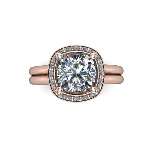 Selah cushion halo engagement ring in 14K Rose Gold, top-down view showing the cushion pav&eacute; halo framing the cushion center from above