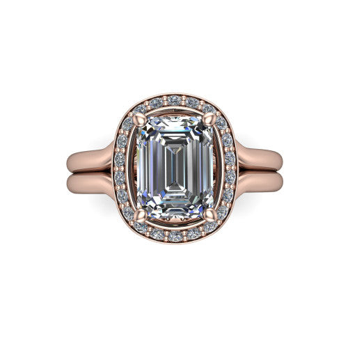 Selah emerald halo engagement ring in 14K Rose Gold, top-down view showing the cushion pav&eacute; halo framing the emerald center from above