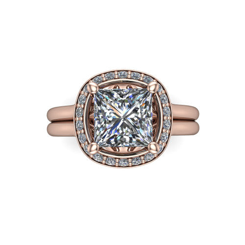 Selah princess halo engagement ring in 14K Rose Gold, top-down view showing the cushion pav&eacute; halo framing the princess center from above