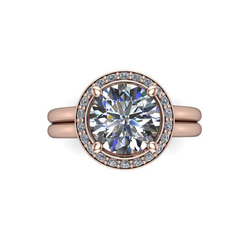 Selah round halo engagement ring in 14K Rose Gold, top-down view showing the cushion pav&eacute; halo framing the round center from above