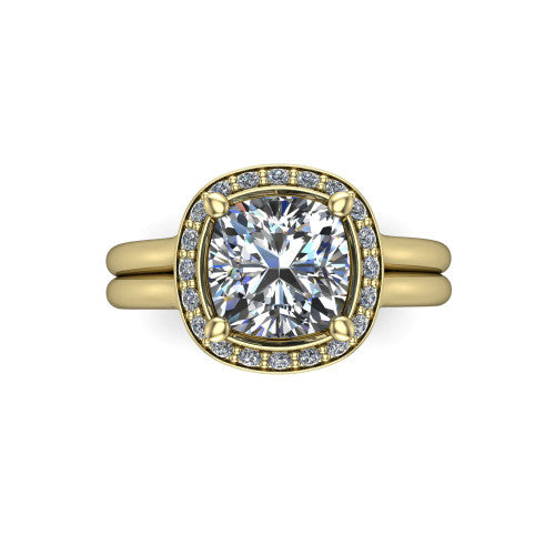 Selah cushion halo engagement ring in 18K Yellow Gold, top-down view showing the cushion pav&eacute; halo framing the cushion center from above
