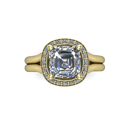Selah square emerald halo engagement ring in 18K Yellow Gold, top-down view showing the cushion pav&eacute; halo framing the square emerald center from above